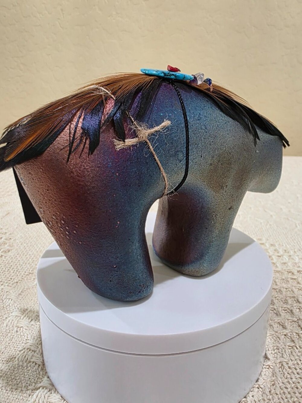 Jeremy Diller Raku Pottery Spirit Bear Fetish Figurine Turquoise Eye Feathers B2 - Picture 8 of 17